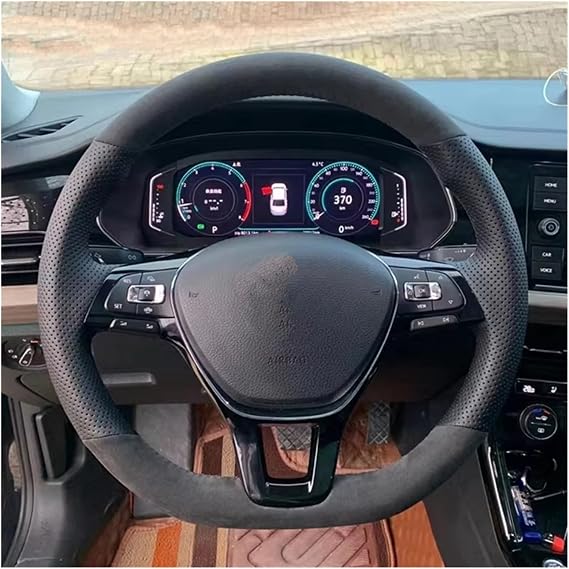 Steering Wheel Protector For VW For Golf 7 Mk7 For Polo For Jetta For Passat B8 Hand-stitched Black Leather Suede Steering Wheel Cover Automotive Wheel Cover(Dark grey thread)