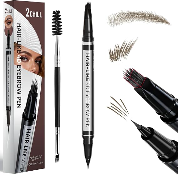 2CHILL 2-in-1 Eyebrow Pen for Women, Microblading 4D Eyebrow Pencil with Hair-Like Brush Tip, Waterproof Long Lasting Natural Brow Makeup, Dual-Ended Eyebrow Brush & Eyeliner Function (Light Brown)