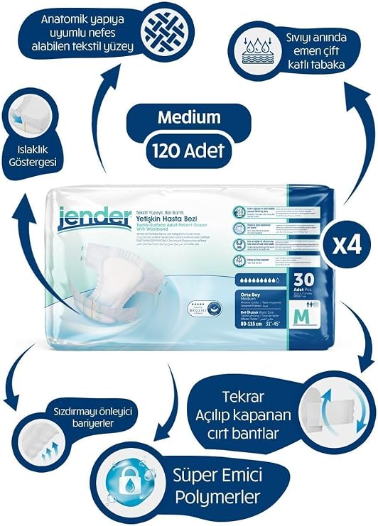 Jender Bel Bantlı Hasta Bezi, M Beden, 30'lu 4 Paket 120 Adet