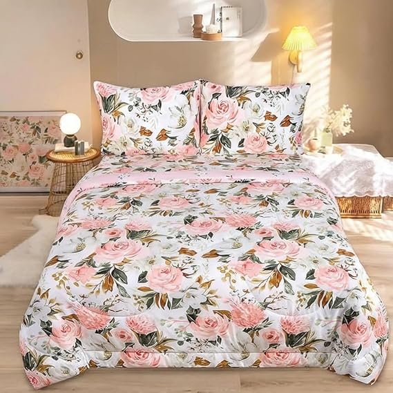 DILIMI Full Size Comforter Set for Girls, Reversible Comforter Full Size, 5 Pieces Ultra Soft Pink Floral Full Size Bed Comforter Sets with Sheet, Comforter, Flat Sheet, 2 Pillowcase