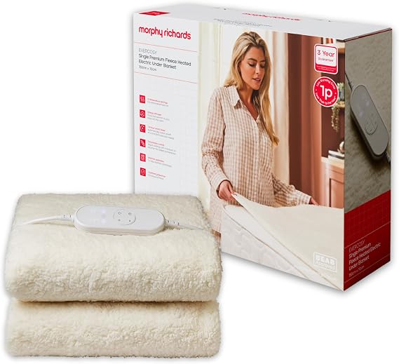Morphy Richards EverCosy Premium Fleece Heated Electric Under Blanket, Teddy, Single, 150x70cm, 9 Settings, Adjustble Timer, 1p/hour Cost, Machine Washable, Cream, 600020