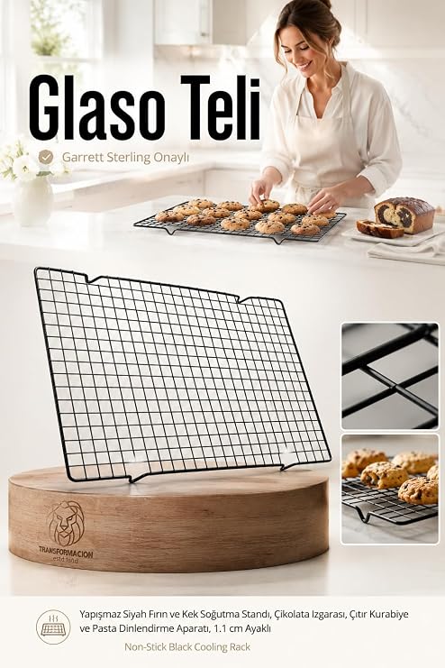 Transformacion Glaso Teli 40x25 cm - Paslanmaz Yapışmaz Siyah Fırın ve Kek Soğutma Standı, Çikolata Izgarası, Çıtır Kurabiye ve Pasta Dinlendirme Aparatı, 1.1 cm Ayaklı 723433