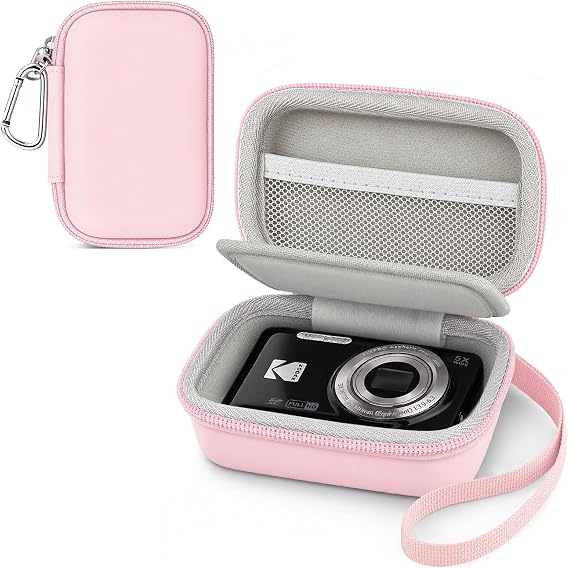 Rieibi Digital Camera Case for Kodak PIXPRO FZ55/FZ45, Kodak Pixpro C1, Canon IXUS 285 HS, Dedicated Case - Small Hard Shell with Wrist Strap, Carabiner & SD Card Holder (Pink)