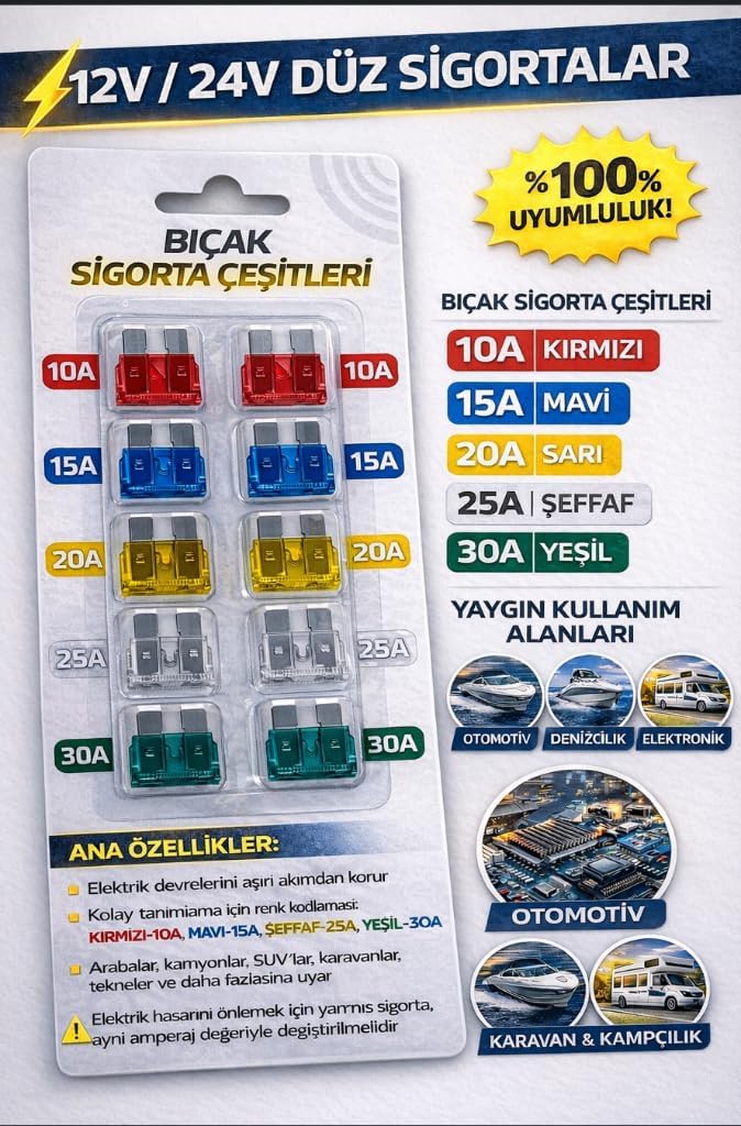 10lu Bıçak Sigorta Seti 10A-30A 12V24V Araç Uyumlu Renk Kodlu Yüksek Performans