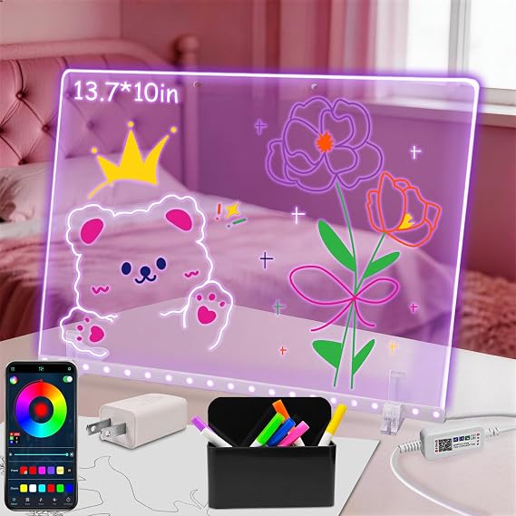 LED Note Board with App Control, 7 Colors 13.7"x10" Light Up Acrylic Dry Erase Board, Drawing & Writing Board, Perfect Holiday Gift for Christmas Gifts Girls