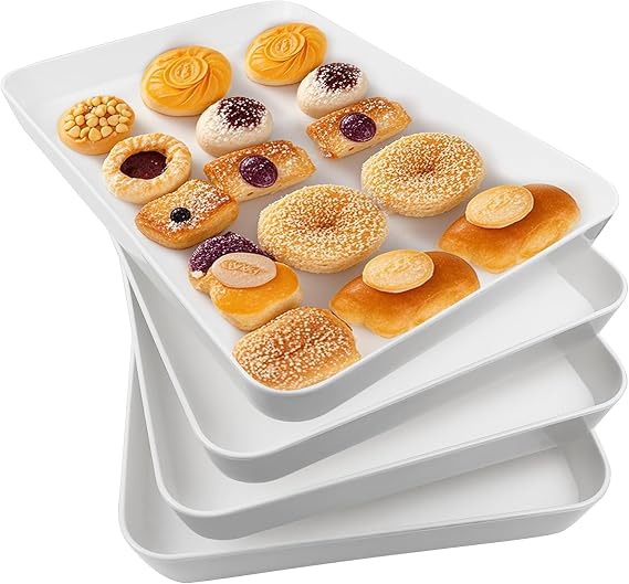 Serving Tray, 4PCS White Reusable Serving Platters for Party, Plastic Tray for Snacks, Food, Cookies, Sandwich, Tea, Drink, Dinner, 40.4 x 27.9 cm