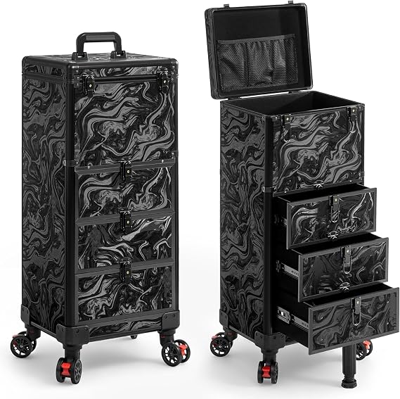 Rolling Makeup Train Case with Drawers Cosmetology Case on Wheels, Matte Black, 4 IN 1, 4 In1