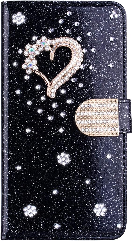Glitter Leather Case for Tecno POVA5 PRO 3D Diamond Buckle & Love Bling Glitter Pattern Leather Flip Book Wallet Shell with Card Slots Book Style Cases Cover for Tecno POVA5 PRO - Black