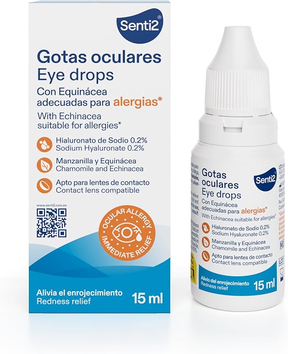 Senti2 - Moisturizing Drops for Irritated and Dry Eyes by Allergies, Artificial Tear with Hyaluronic Acid 0.2% and Suitable for Contact Lenses, 15 ml