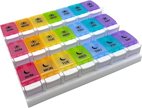 EZY DOSE Weekly (7-Day) Pill Case, Medicine Planner, Vitamin Organizer Box, Daily Planner, Push Button Compartments, Convenient and Easy to Use, 3 Times a Day, Rainbow Lids, BPA Free