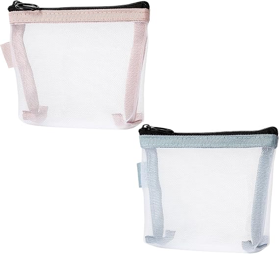 2 Pcs Mini Mesh Bag with Zipper, Small Clear Nylon Mesh Pouches, Portable Travel Makeup Organizer Bags for Cosmetic Lipstick Keys Headphones- Blue & Pink