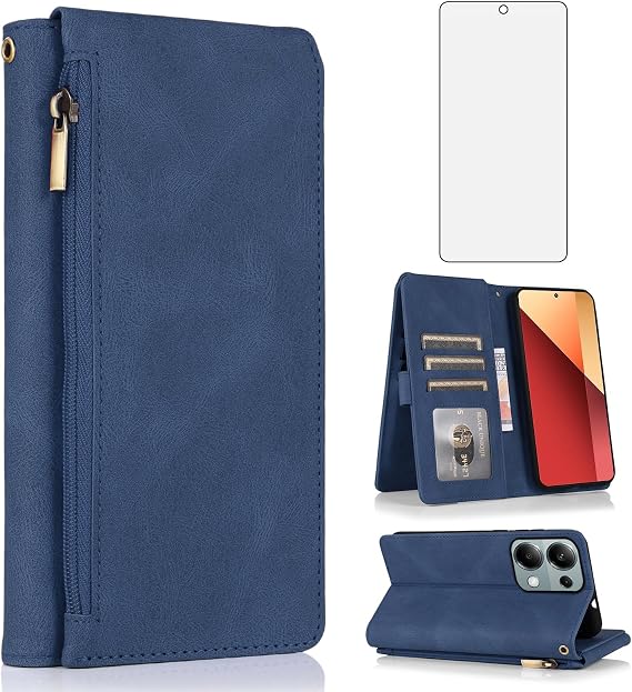 Compatible with Xiaomi Redmi Note 13 Pro 4G/Xiaomi Poco M6 Pro 4G Wallet Case Screen Protector and Zipper Leather Flip Cover Card Holder Stand Cell Accessories for Note13 13Pro G4 Lte Women Men Blue
