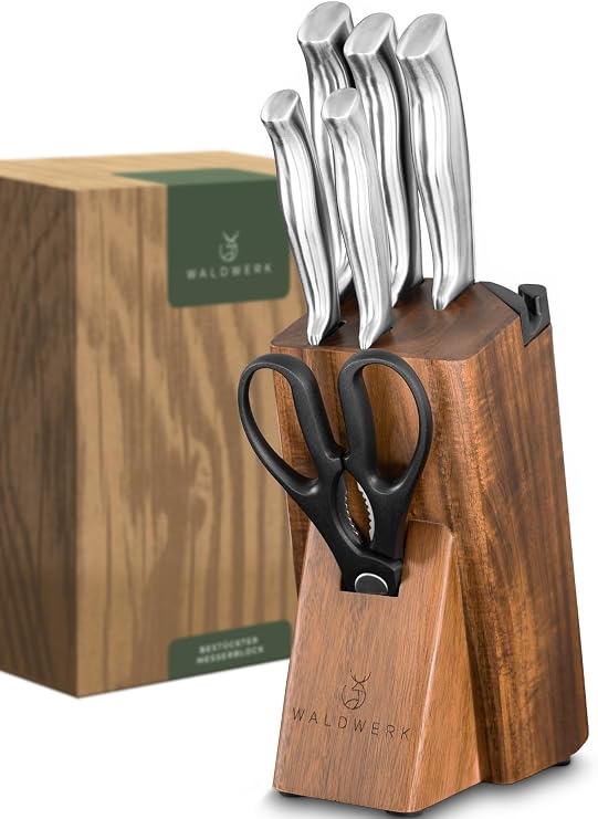 WALDWERK Knife Block - 7 Piece Kitchen Knife Set with Knife Block and Integrated Sharpener - Kitchen Knife Set with Block - Kitchen Knife Set