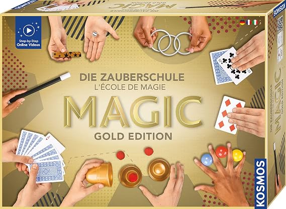 KOSMOS 694319 Magic Die Zauberschule - Gold Edition, 75 Magic Tricks and Illusions, 18 Magic Utensils, Innovative Instruction Concept, Three Difficulty Levels, Magic Box for Children from 8 Years