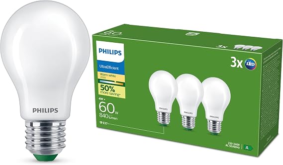 Philips Ultra-Efficient Matt LED Bulb (pack of 3), E27, 4W Equivalent to 60W, Warm White Light 2700k, Energy Efficiency A [Energy Class A]
