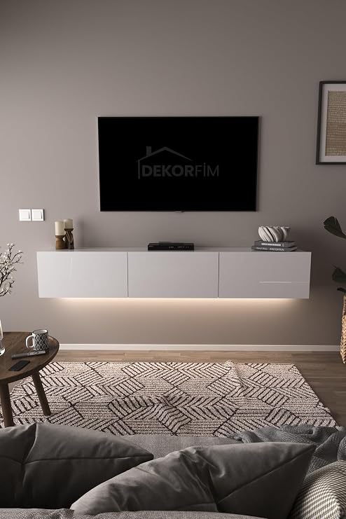 DF17103 3 Dolaplı Duvara Monte TV Ünitesi 180 cm Modern Askılı Dekoratif, Şık Stilde TV Sehpası BEYAZ