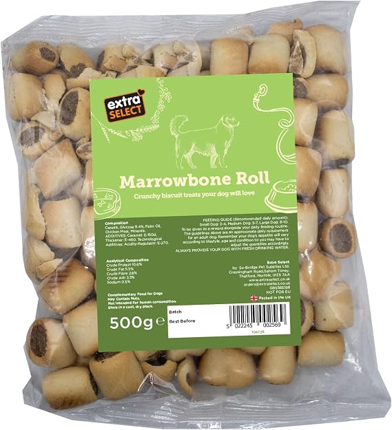 Extra Select Marrowbone Rolls - Crunchy Dog Biscuits & Snacks with Meaty Center - Marrow Bone Puppy Treats & Bedtime Biscuits for Dogs - 500 g