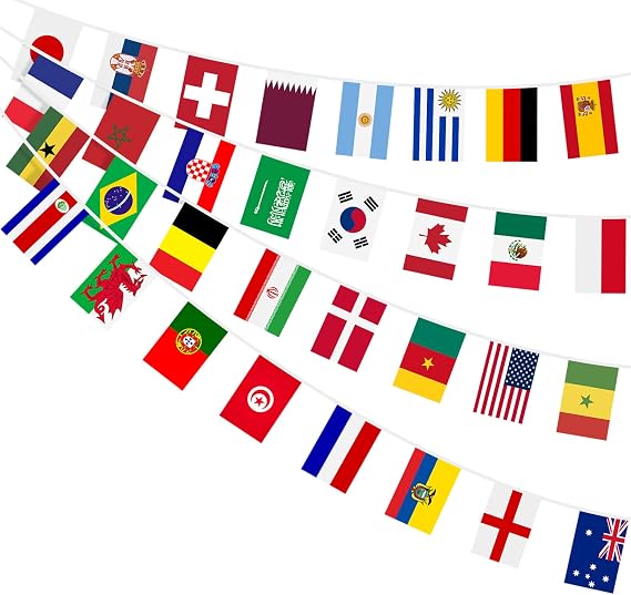 AhfuLife World Flags Bunting for Around the World Decorations, 32 Countries Flags Double Sides Fabric Bunting for World Cup Euro Football Olympic Bar Club Garden Party Decorations