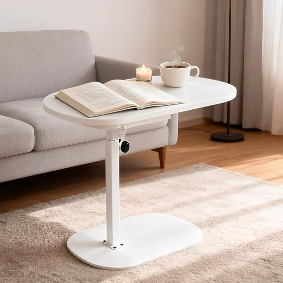C Shaped End Table, Side Table for Sofa, End Table for Living Room, Adjustable Height TV Tray, Swivel Couch Side Table That Slides Under (White)