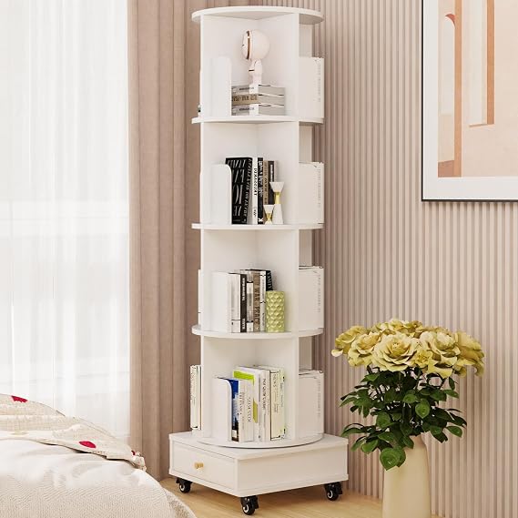 Rotating Bookcase Standing Shelf 360° Freely Rotatable Bookcase Living Room Bedroom 4-Layer Book Shelf with Fabric Drawer and Wheels Bookcase White 40 x 40 x 147 cm
