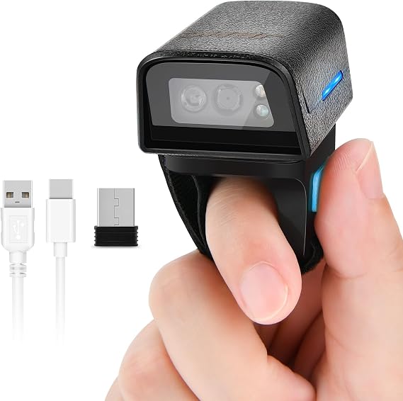 1D 2D Bluetooth Portable Ring Barcode Scanner, Portable Mini Barcode Reader with 2.4GHz Wireless and USB Cable Connection