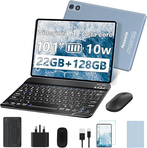 10.1 Inch Android Tablet, with Keyboard and Mouse, 22GB RAM + 128GB – Gray