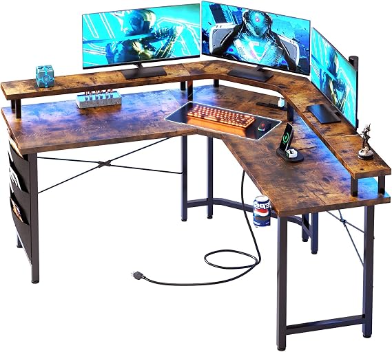 CAIYUN Computer Desk with Power Outlets & LED Strip, 50.8" Reversible L Shaped Desk with Monitor Stand & Storage Bag, Gaming Desk with Cup Holder for Home Office, Wooden Top, Rustic Brown