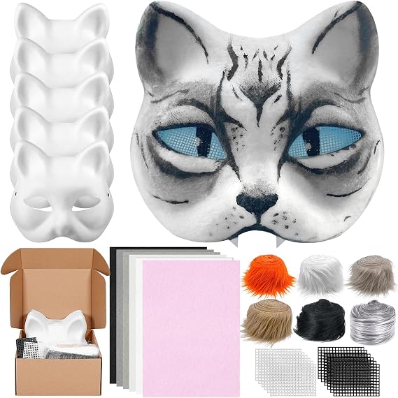 Draupnir Therian Cat Mask Set, DIY Blank Cat Mask with Fur and Eye Mesh, Paper Masks Painting for Masquerade, Carnival, Cosplay, Halloween, Party