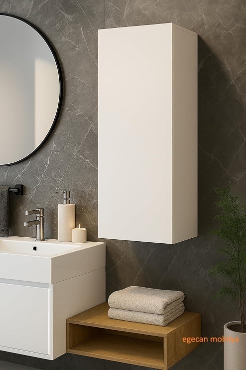 Duvara Monte Tek Kapaklı 3 Raflı Banyo & Kiler Dolabı – Beyaz/Suntalam, 85×30×30 Cm