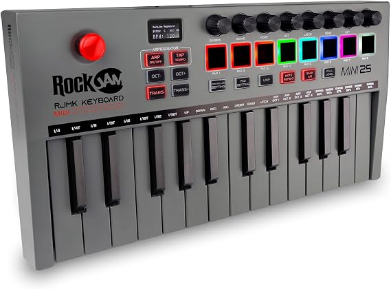 RockJam Go 25 Key USB & Bluetooth MIDI Keyboard Controller with 8 Backlit Drum Pads 8 Knobs