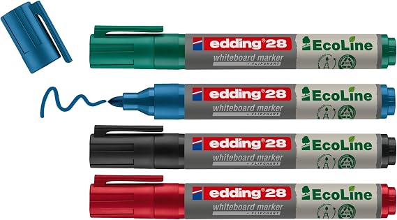 edding 28 EcoLine white blackboard pen, set of 4, mixed colors, round tip, refillable