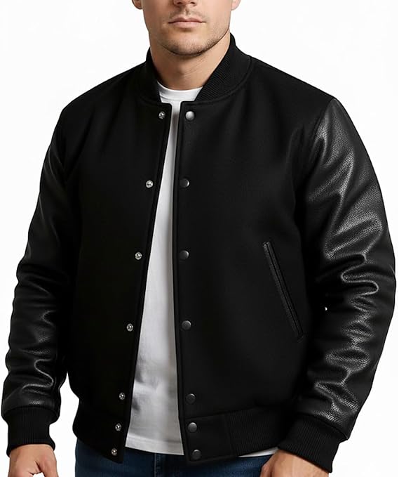Men's Varsity Baseball College Letterman High School Bomber Wool + Faux Leather Jacket