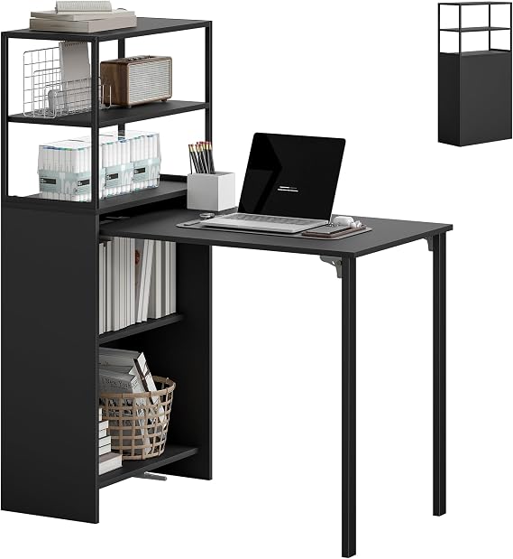 HOMCOM Folding Computer Desk with 4-Tier Bookshelf Study Table, Black