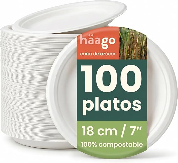 HAAGO - 100 Round Sugar Cane Plates 18 cm - Eco-Friendly and Recyclable, Ideal for Parties and Group Events