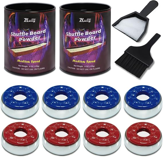 Shuffleboard Pucks and Sand Set - 2 1/8" Table Pucks with 2 Cans Wax, Mini Brush and Dustpan