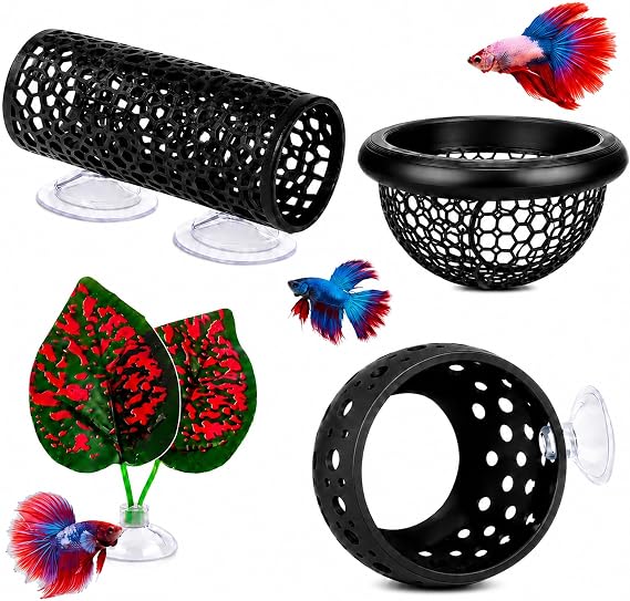 4 Pcs Betta Fish Accessories, Black Tunnels, Feeding Ring and Plant