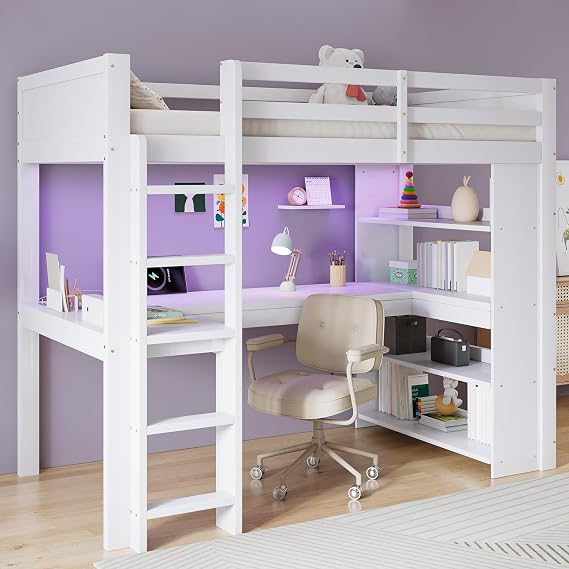 Wooden Bunk Bed with LED Lighting&USB Charging&Shelves&Desk, 3ft Single Bed Frame with Safety Guardrail&Ladder, Functional Loft Bed Cabin Bed Frame Wooden Storage Bed for Kids Teenagers Adults, White
