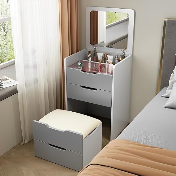 3 in 1 Dressing Table Dressing Table with Flip-top Mirror and LED Lights Dressing table with hidden ottoman Bedside storage cabinet Integrated Makeup Table for Small Spaces