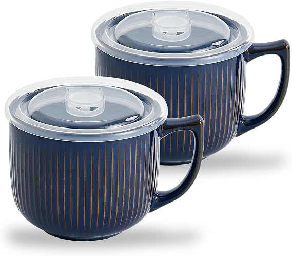 Ceramic Soup Bowl with Handle – Large 900ml Microwave Soup Mug with Lid, Soup Container & Cup for Cereal, Oatmeal, Ramen, Noodle, Porridge, Housewarming Gift - Set of 2(Vintage Blue)