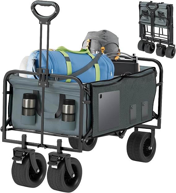Folding Wagon Cart, Heavy Duty 330 LBS Capacity Collapsible Utility Wagon with All-Terrain Wheels & Brakes, 100L Large Capacity Portable Outdoor Wagon for Camping, Grocery, Shopping, Garden, Beach