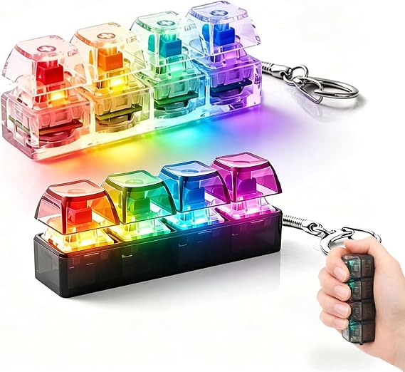 2Pcs Keyboard Fidget Toy, Light Up Fidget Keyboard with Clicking Mechanism, Stress Relief Tool for Office and Home Use, Transparent White and Black Four-Key Design