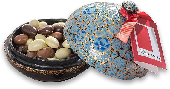 Rita Farhi Milk, White and Dark Chocolate Covered Almonds in a Hand Made Papier Machè Bonbonnière - Luxury Chocolate Gift Box - 130 g - Blue - New Palm Oil Free Recipe