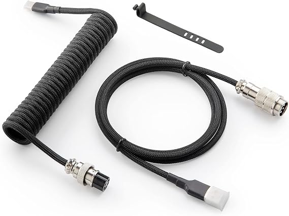 Pro カスタム コイル USB C ケーブル ゲーミングキーボード用 ダブルスリーブ メカニカル キーボードケーブル 取り外し可能な金属製アビエーター付き 1.5m USB-C - USB-A