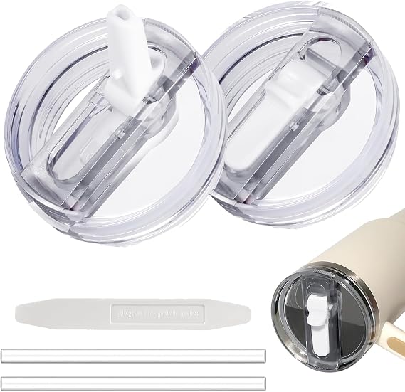 2 Pack 40 oz Tumbler Flip Straw Lid for Stanley Quencher ProTour Leak Proof Lid Replacement for Stanley H2.0 Quencher, Spill Proof Reusable for Stanley Cup Accessories(White & White, 40 oz)