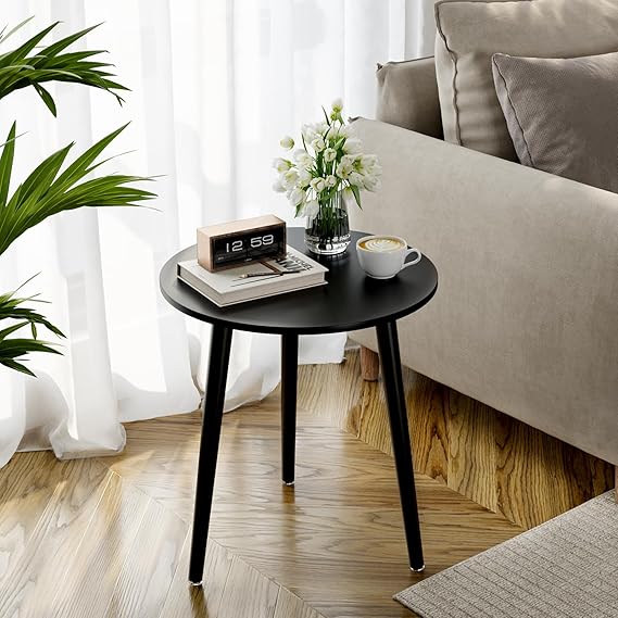 APICIZON Round Side Table, Black Wooden Bedside Table with Reinforced Metal Leg Connectors, Small End Table for Living Room, Bedroom and Small Spaces, Tool-Free Assembly, Ø42 x H51 cm