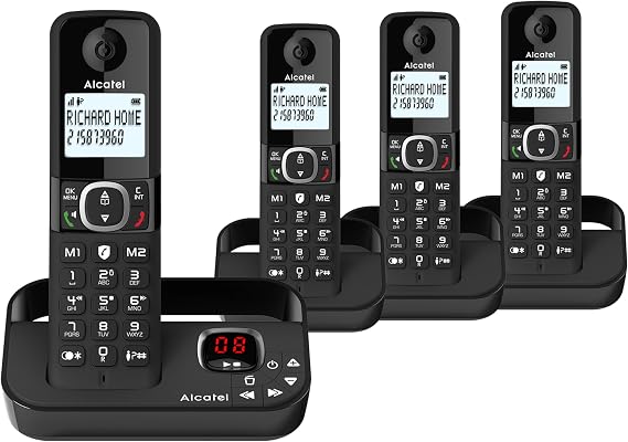 ALCATEL F860 Voice Quad - DECT Cordless Phone With Answering Machine - Large Backlit Display - Loudspeaker - Call Barring - 2 Direct Memory Keys - 4 Handsets - Black