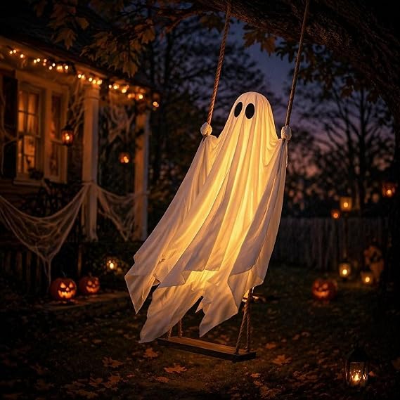 Swinging Ghost Halloween Decoration, 115cm Pre-Assembled Light-Up Prop