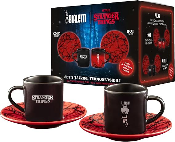 Bialetti Stranger Things 2 Fincan ve 2 Tabak Seti - Isıya Duyarlı Renk Değiştiren - Bulaşık Makinesinde Yıkanamaz - Her biri 80 ml, Siyah