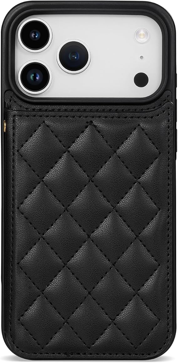 iPhone 16 Pro Max用ジェネリックケースカラー:ブラック ストラップ レザー グリッド ウォレット ハード シリコン フリップ バック ケース