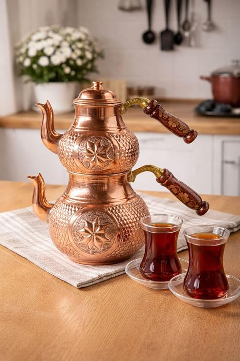 Home Gaziantep Bakır Çaydanlık Takımı, El Kabartmalı, Ahşap Kulplu, 2.6 Lt, Alt 1.75 Lt Üst 0.85 Lt, Eskitme Model